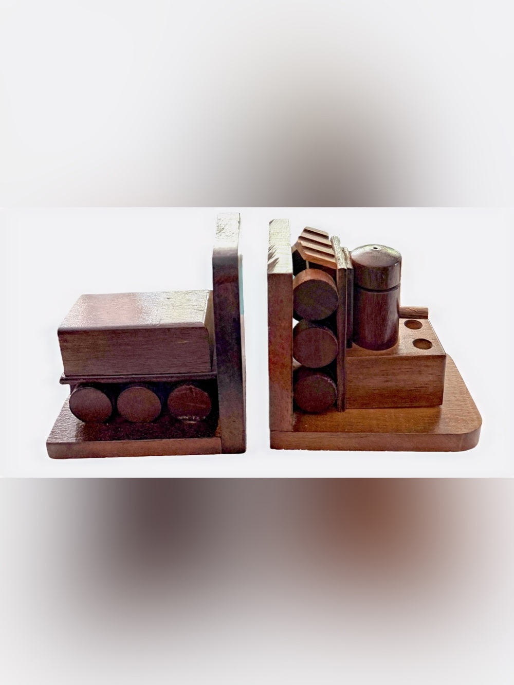 Vintage Wooden Train Bookends Engine & Caboose Pen Holder